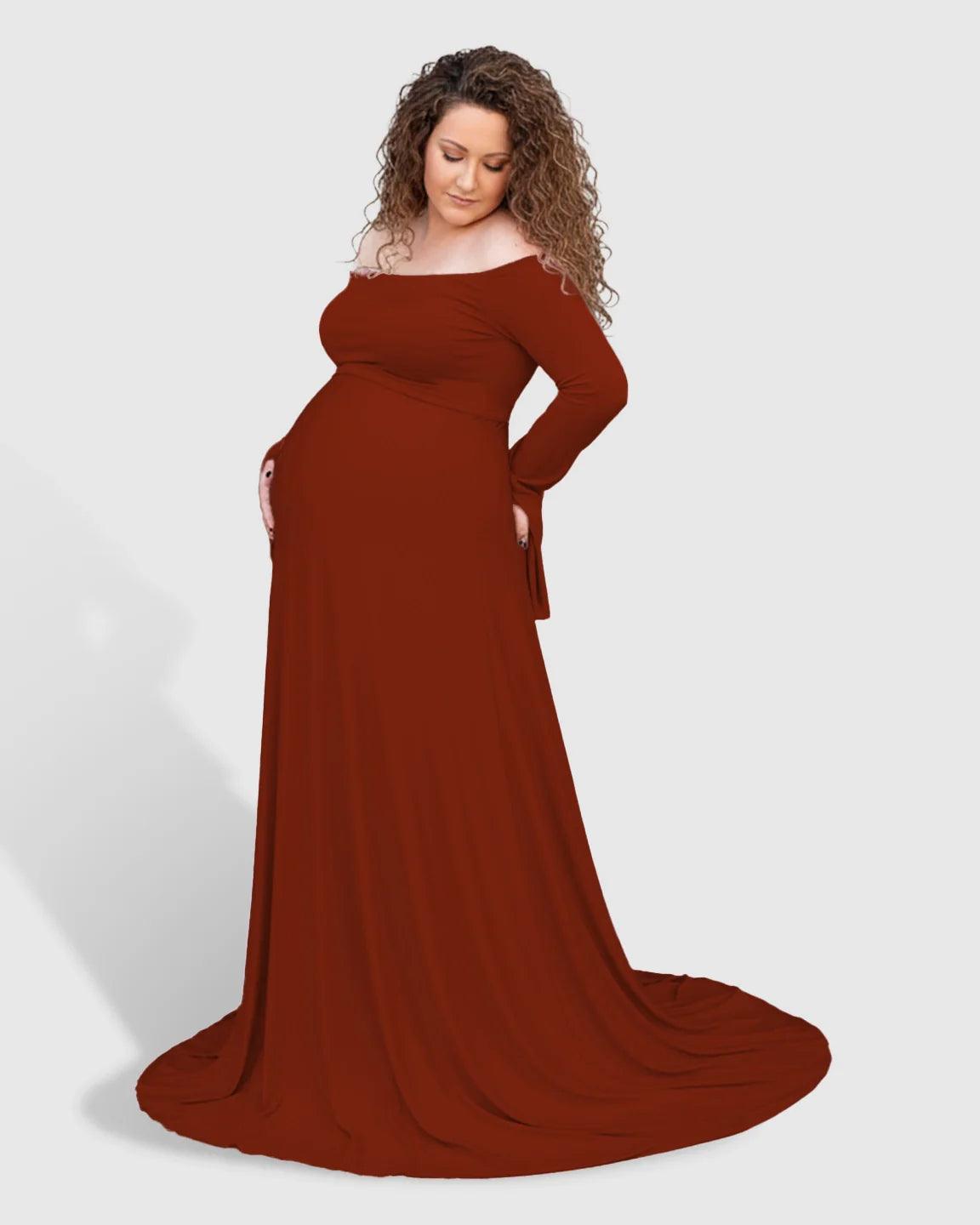 Bump Society – The Comfort Collection: Off-Shoulder Bell Sleeve Boho Maternity Photoshoot Maxi Dress
