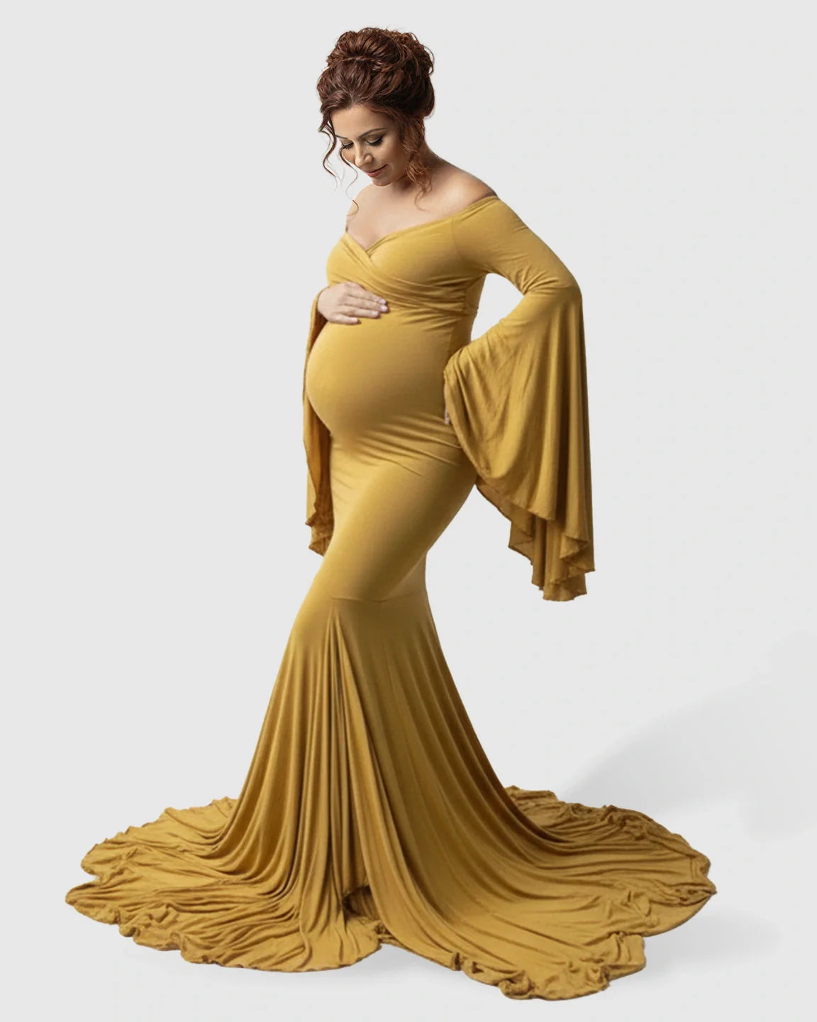 Bump Society – The Comfort Collection: Flared Sleeve Fishtail Train Maternity Photoshoot Dress