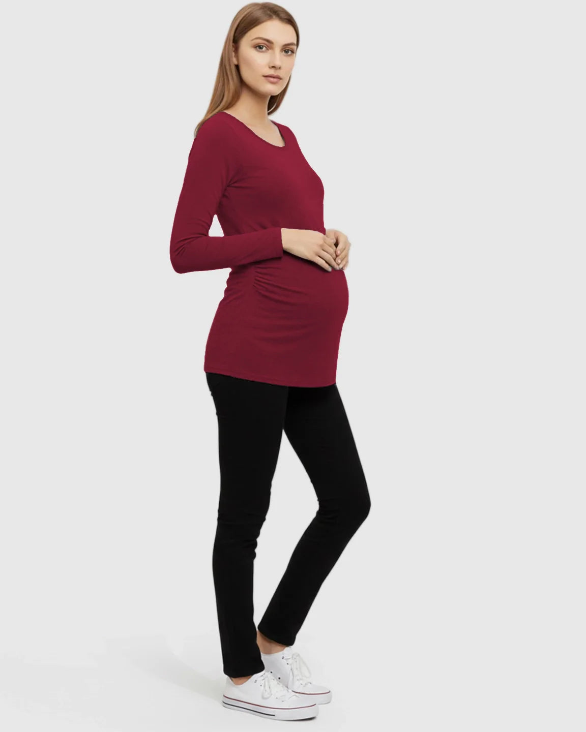 Bump Society – The Comfort Collection: Side Ruched Slim Fit Long Sleeve Maternity Top