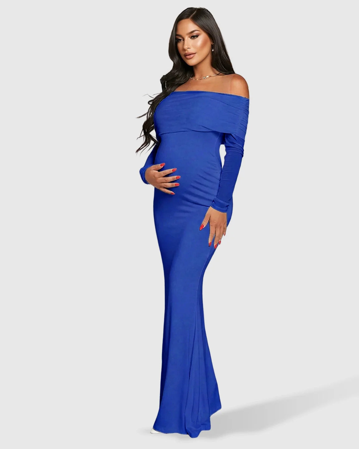 Blue off-shoulder draped neck mermaid fit maternity maxi dress, showing a pregnant woman.