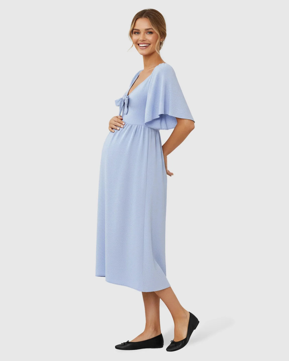 Bump Society – The Comfort Collection: Tie-Knot Front Swing Silhouette Maternity Midi Dress