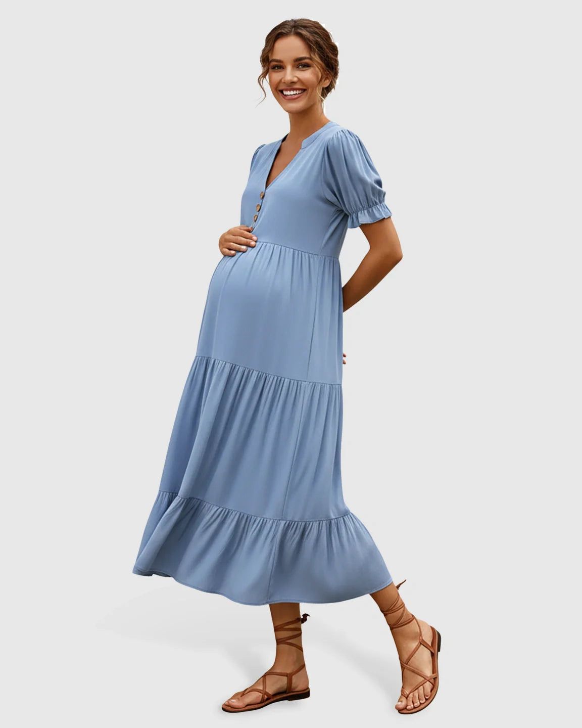 Bump Society – The Comfort Collection: Stand Up Collar Tiered Skirt Maternity Midi Dress