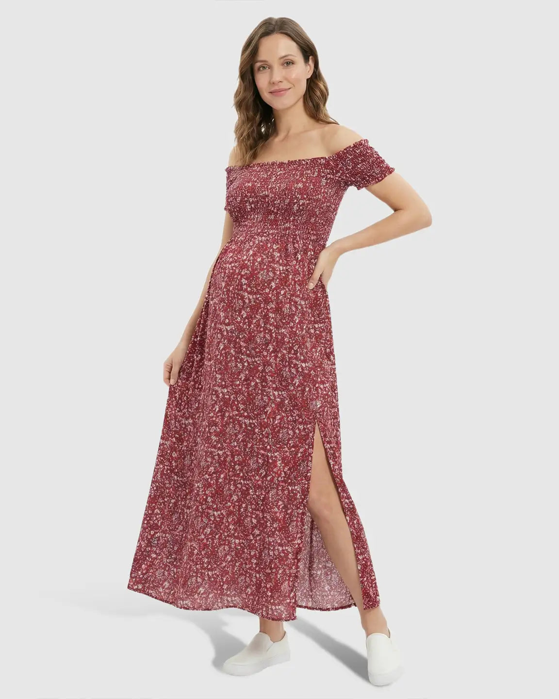 Bump Society – The Comfort Collection: Off-Shoulder Floral Pattern Maternity Maxi Dress