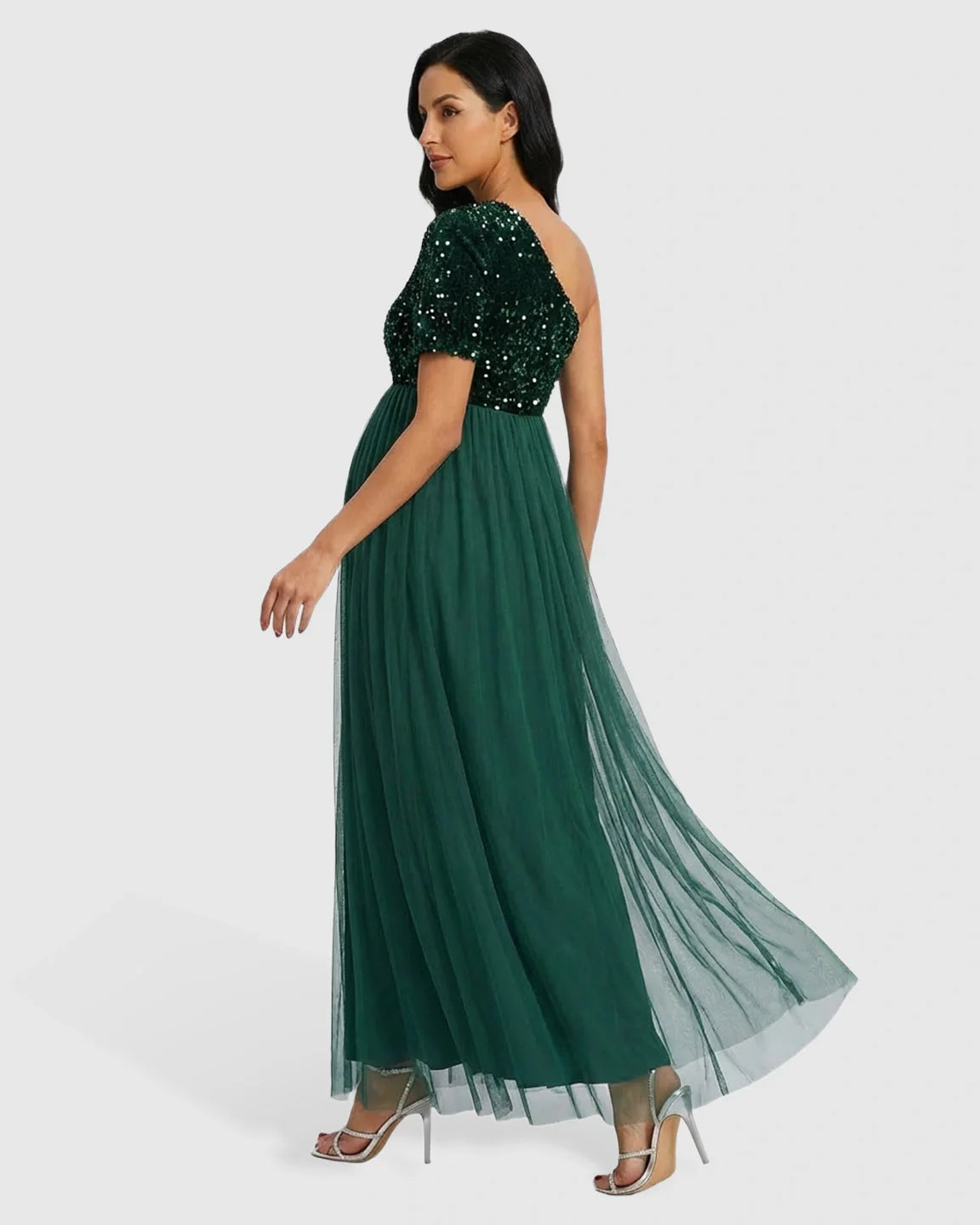 Bump Society – The Comfort Collection: Sequin One-Shoulder Flowy Maternity Maxi Dress