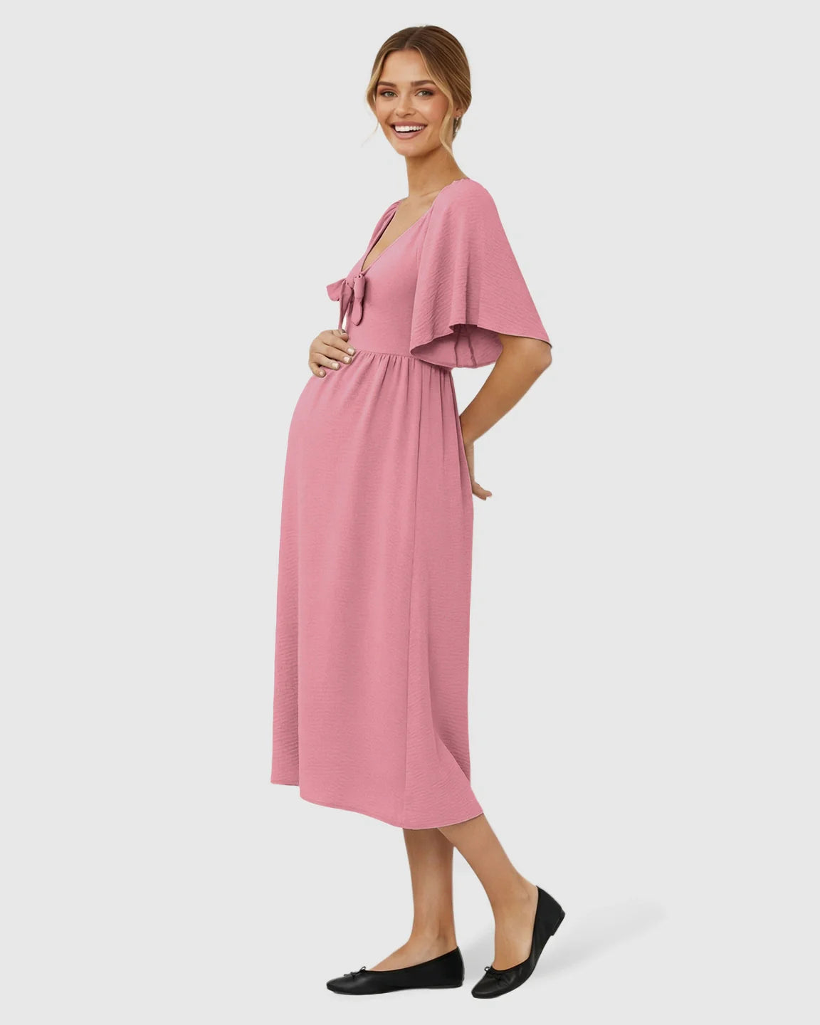 Bump Society – The Comfort Collection: Tie-Knot Front Swing Silhouette Maternity Midi Dress