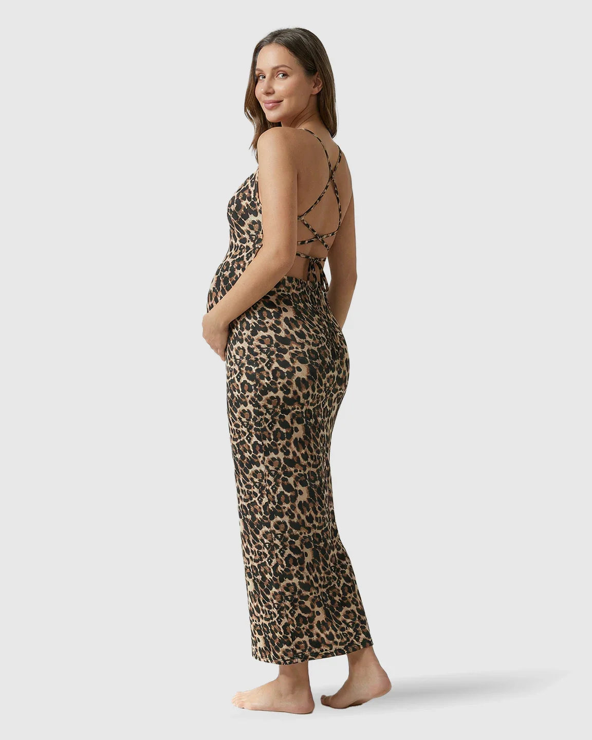 Bump Society – The Comfort Collection: Butt-Lifting Leopard Bodycon Maternity Maxi Dress
