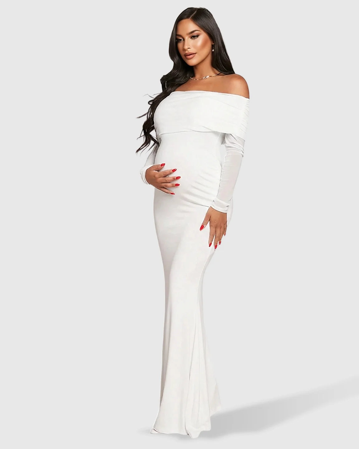 White draped neck mermaid fit maternity maxi dress with off-shoulder long sleeves.