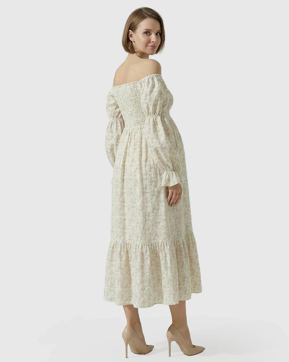 Bump Society – The Comfort Collection: Puffed Long-Sleeve Tiered Skirt Maternity Maxi Dress