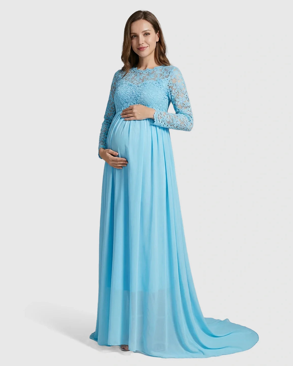 Bump Society – The Comfort Collection: Lace Bodice Trailing Skirt Maternity Photoshoot Gown