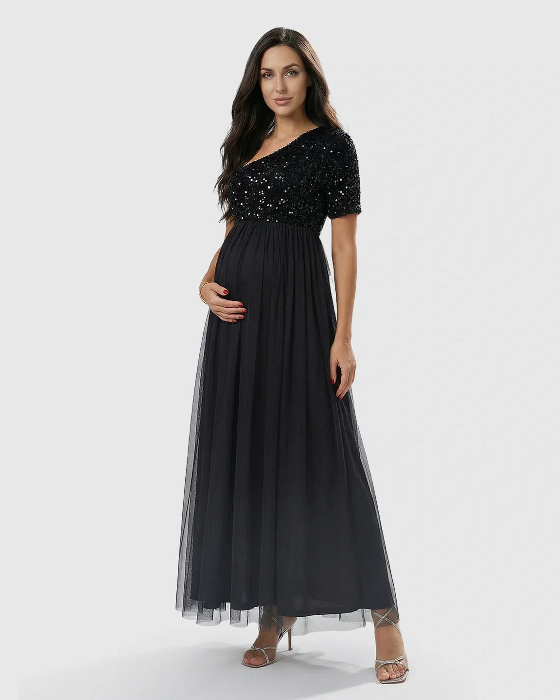 Bump Society – The Comfort Collection: Sequin One-Shoulder Flowing Mesh Maternity Maxi Dress