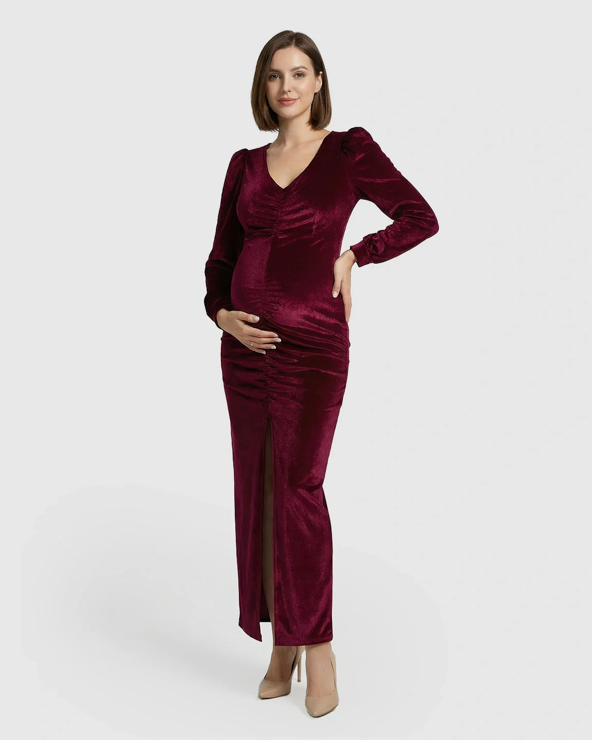 Bump Society – The Comfort Collection: Puffed Velvet Sleeves Bodycon Maternity Evening Gown
