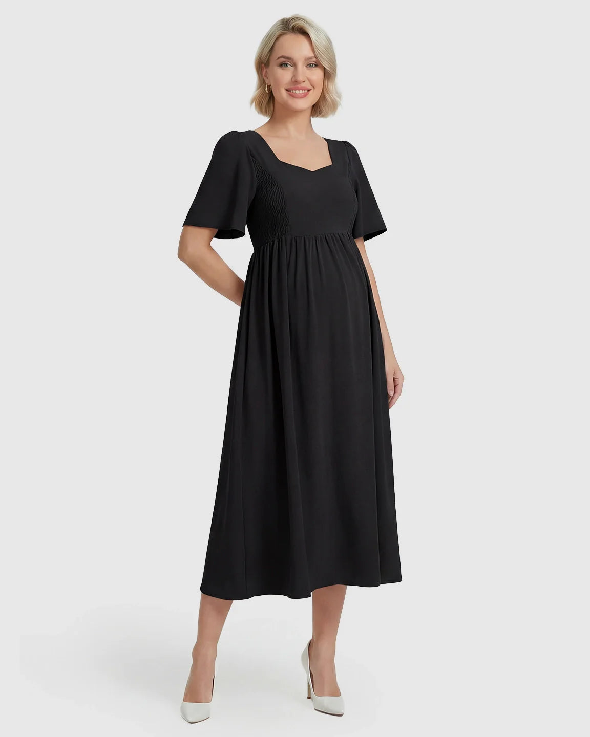 Bump Society – The Comfort Collection: Shirred Ruffle Sleeve Swing Maternity Midi Dress