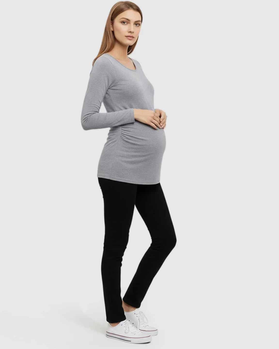 Bump Society – The Comfort Collection: Side Ruched Slim Fit Long Sleeve Maternity Top