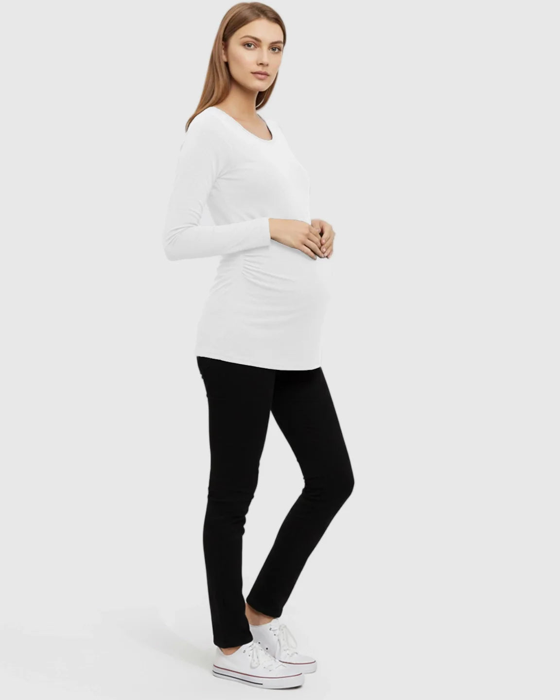 Bump Society – The Comfort Collection: Side Ruched Slim Fit Long Sleeve Maternity Top