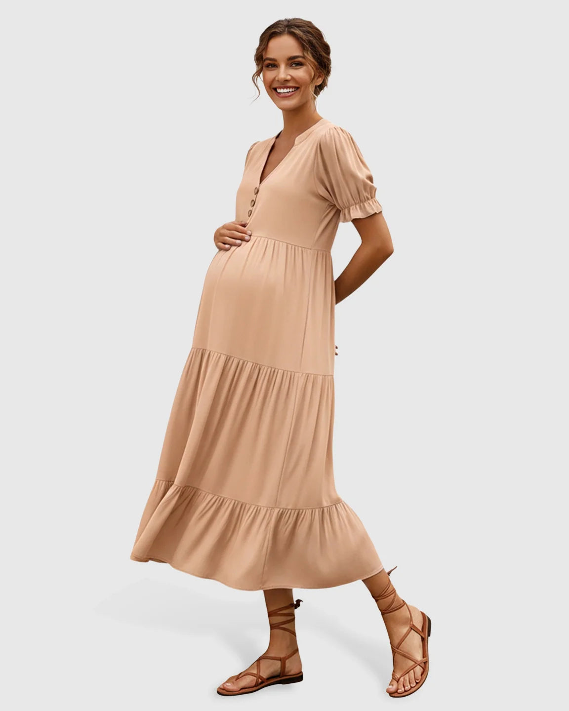 Bump Society – The Comfort Collection: Stand Up Collar Tiered Skirt Maternity Midi Dress