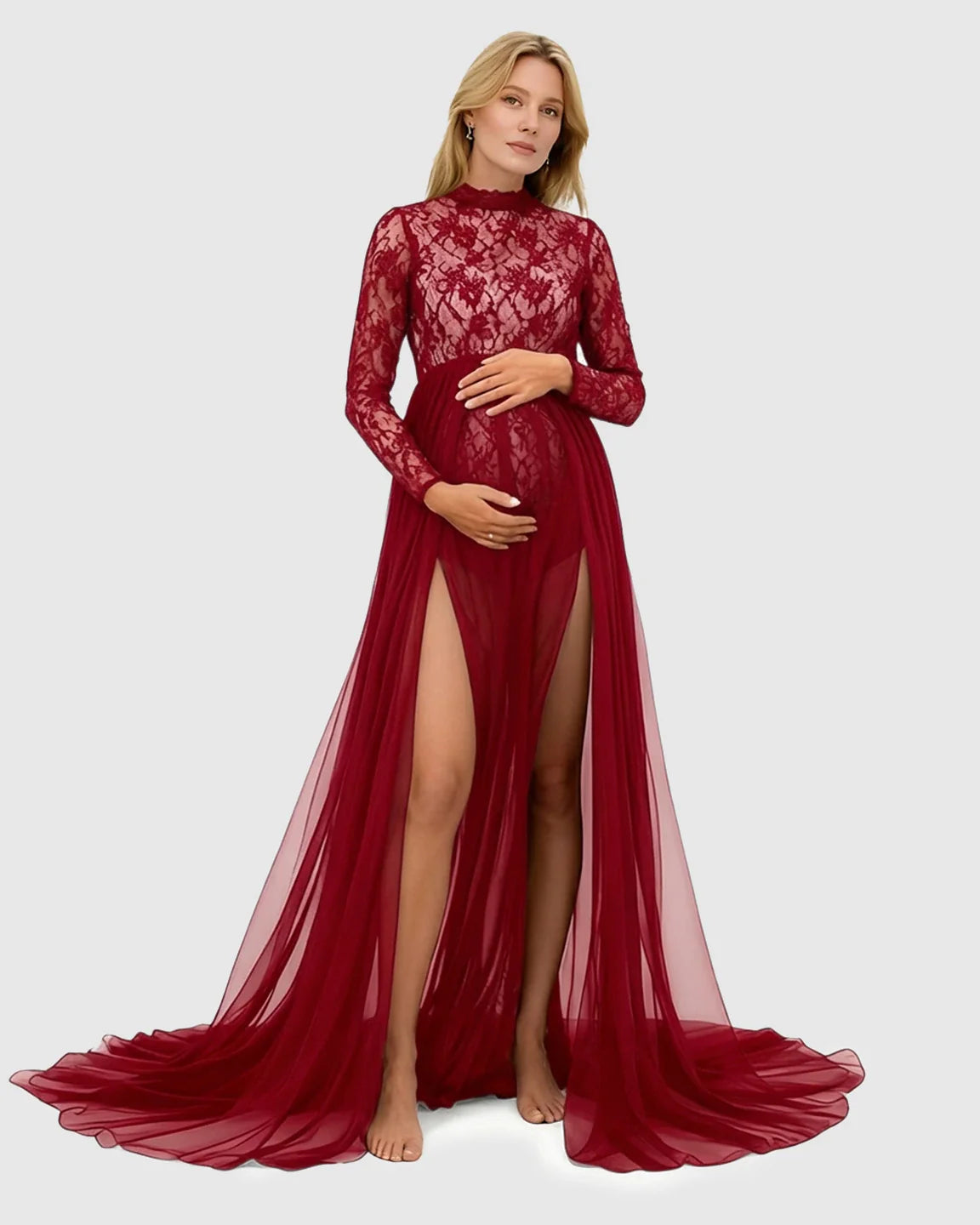 Bump Society – The Comfort Collection: Sheer Lace Double Slit Maternity Photoshoot Gown