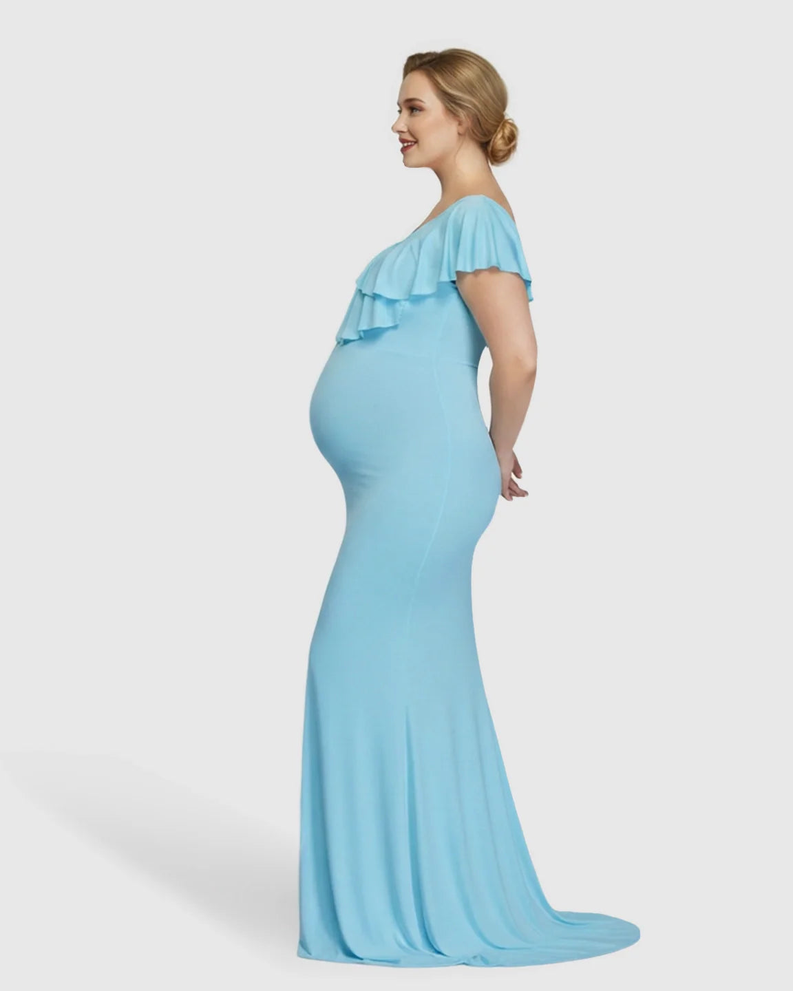 Bump Society – The Comfort Collection: Off-Shoulder Ruffled Bodycon Maternity Maxi Dress
