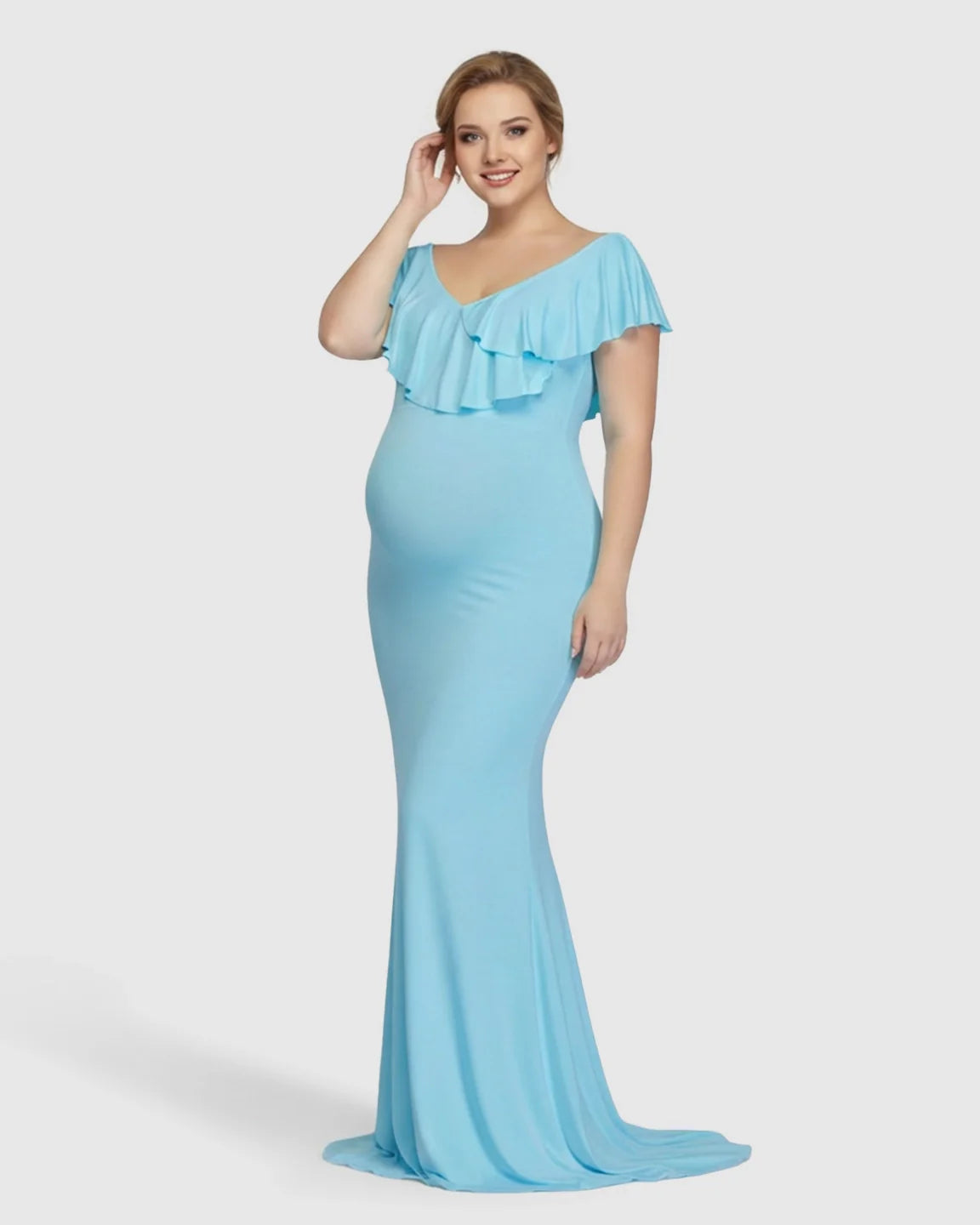 Bump Society – The Comfort Collection: Off-Shoulder Ruffled Bodycon Maternity Maxi Dress