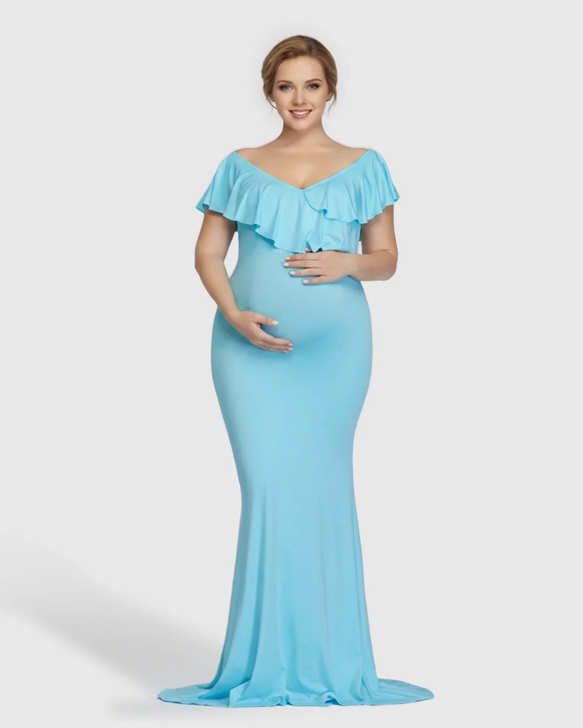 Bump Society – The Comfort Collection: Off-Shoulder Ruffled Bodycon Maternity Maxi Dress