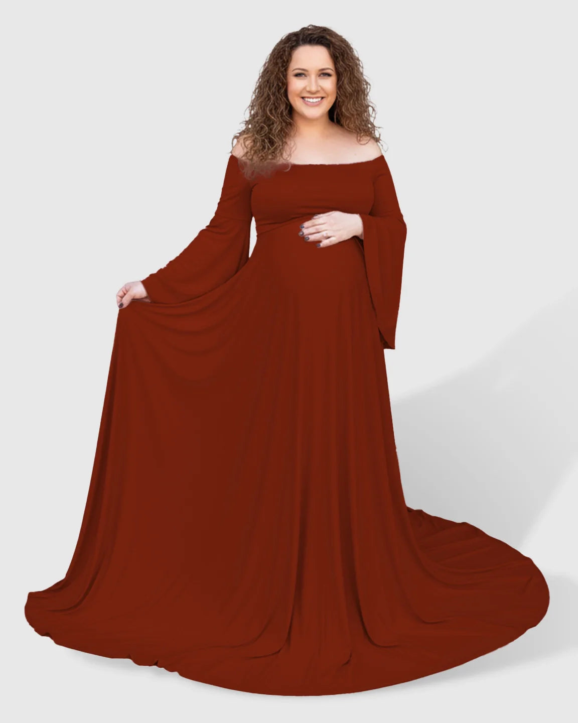 Bump Society – The Comfort Collection: Off-Shoulder Bell Sleeve Boho Maternity Photoshoot Maxi Dress