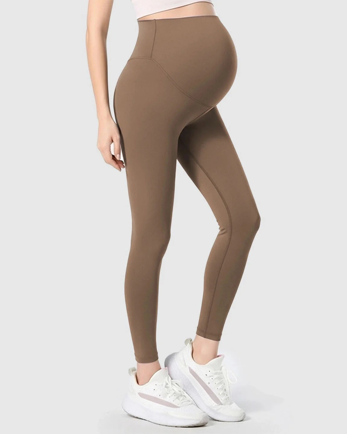 Brown double-layer belly support maternity leggings with a high-waist shark gill panel.