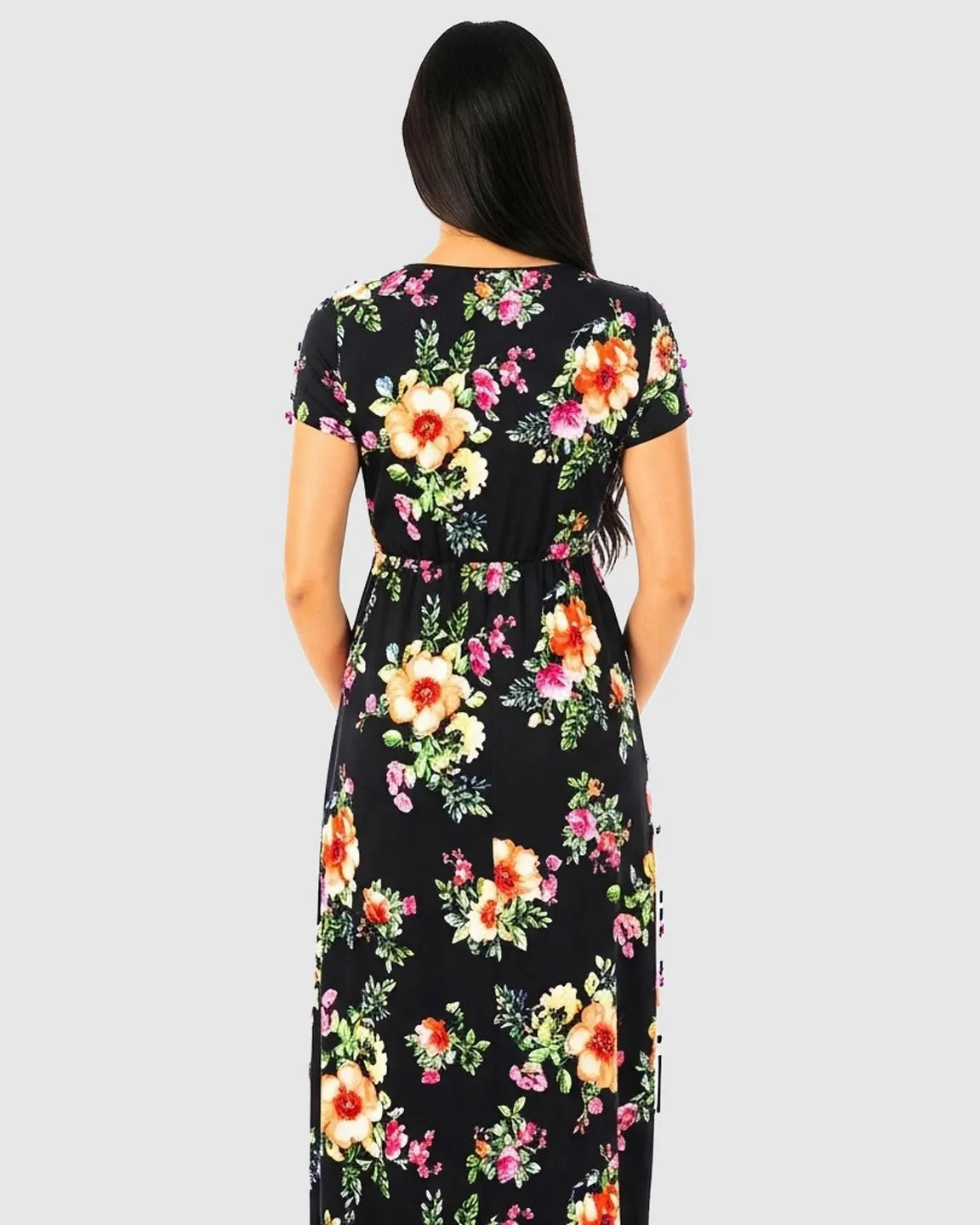 Black floral V-neck short sleeve maternity maxi dress with colorful flowers, seen from the back.