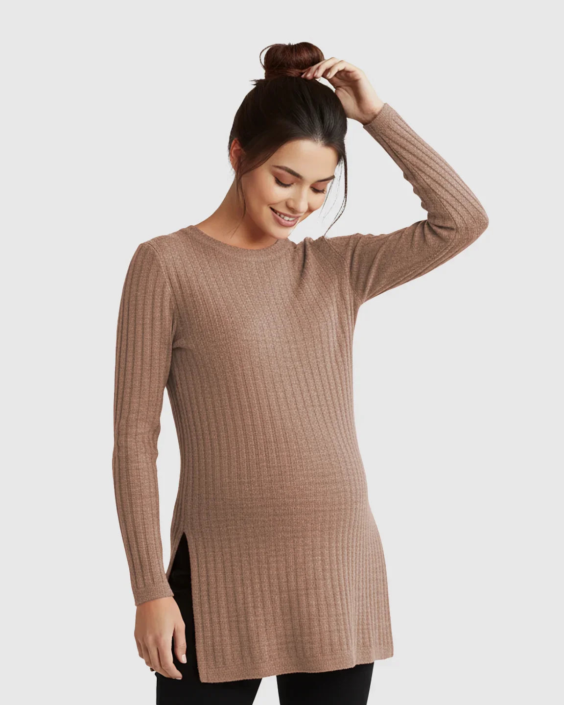 Bump Society – The Comfort Collection: Ribbed Knit Side-Slit Long Sleeve Maternity Top