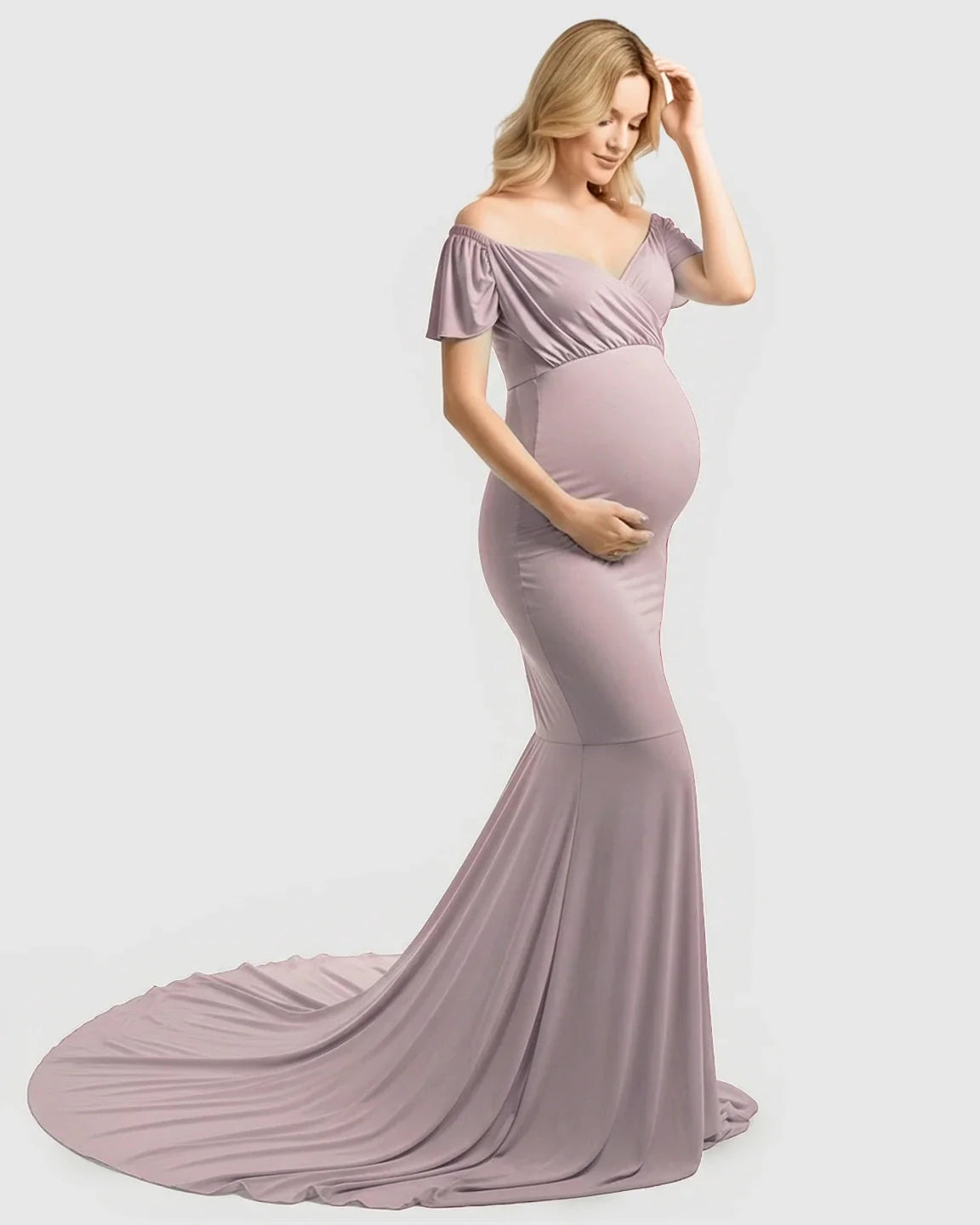 Bump Society – The Comfort Collection: Off-Shoulder Fitted Mermaid Style Maternity Photoshoot Gown