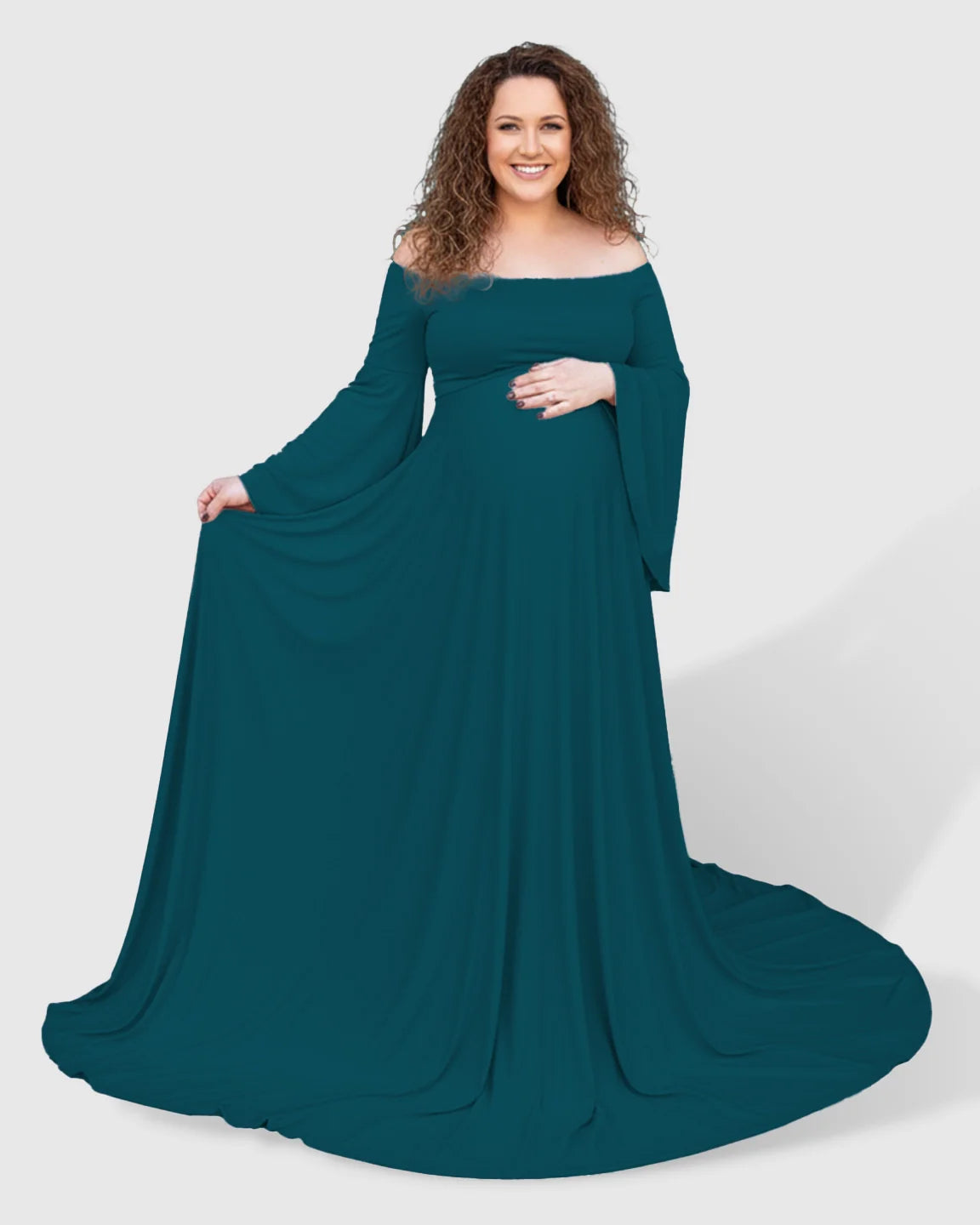 Bump Society – The Comfort Collection: Off-Shoulder Bell Sleeve Boho Maternity Photoshoot Maxi Dress