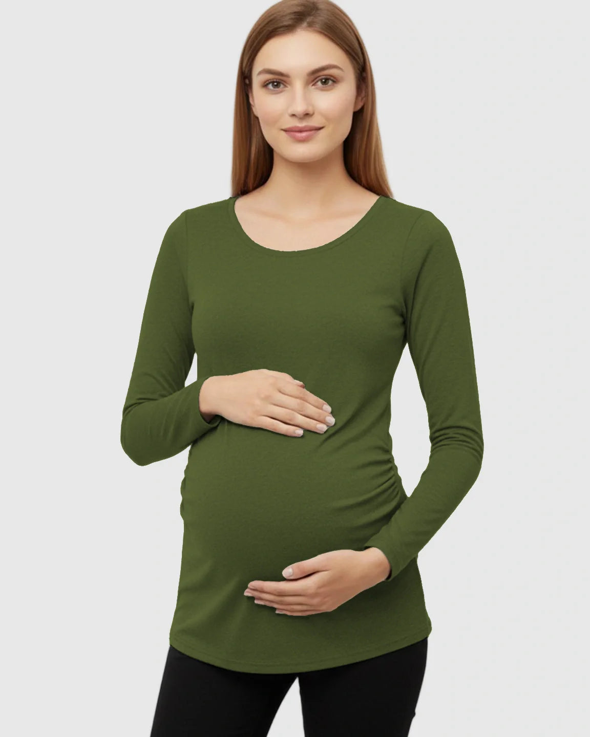 Bump Society – The Comfort Collection: Side Ruched Slim Fit Long Sleeve Maternity Top