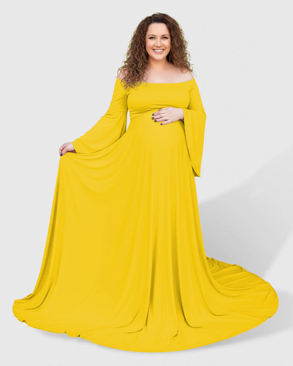 Bump Society – The Comfort Collection: Off-Shoulder Bell Sleeve Boho Maternity Photoshoot Maxi Dress