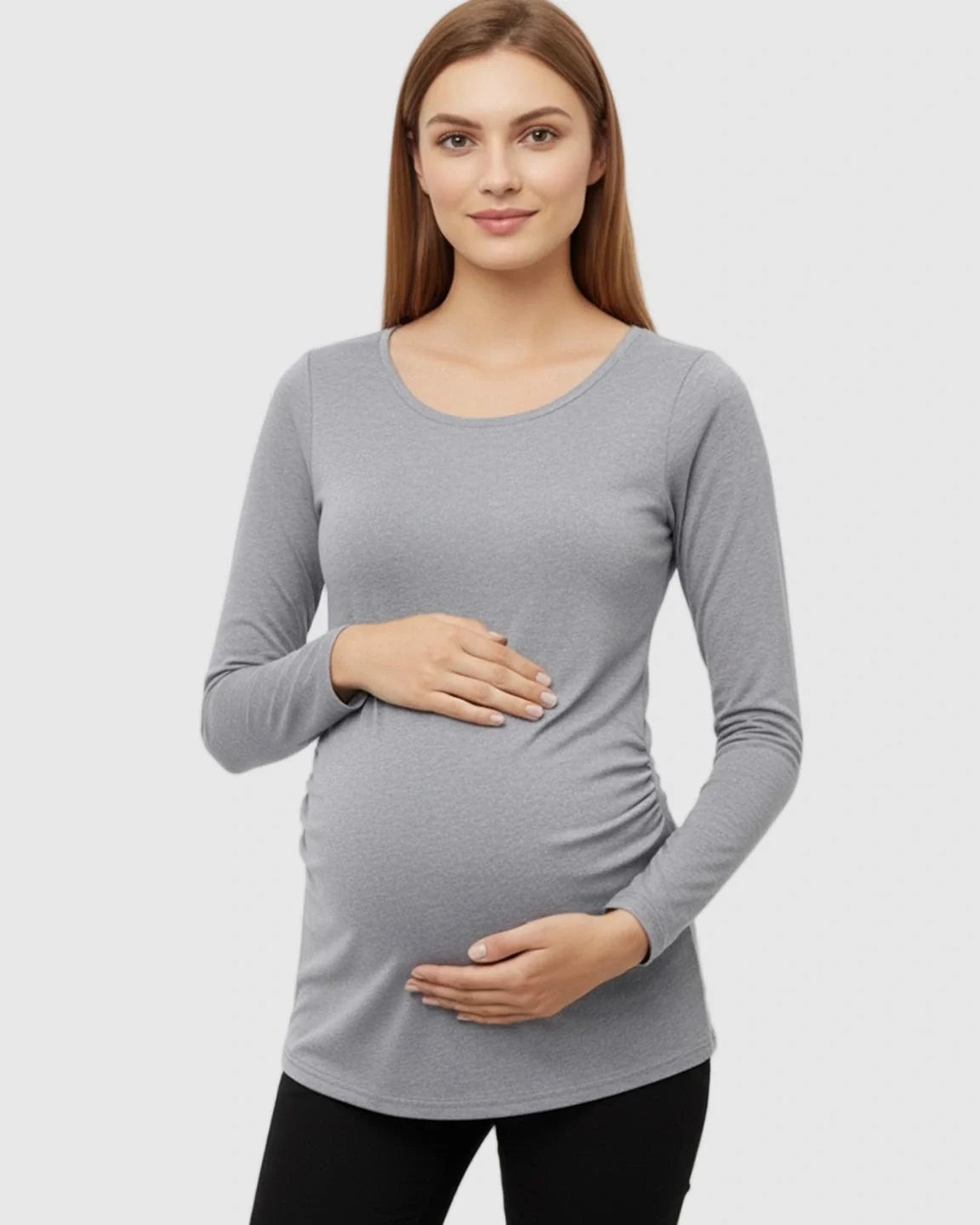 Bump Society – The Comfort Collection: Side Ruched Slim Fit Long Sleeve Maternity Top