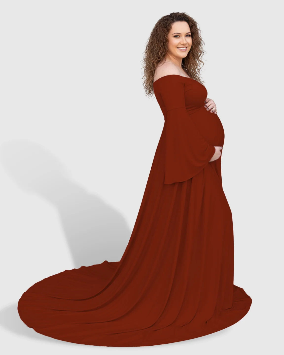 Bump Society – The Comfort Collection: Off-Shoulder Bell Sleeve Boho Maternity Photoshoot Maxi Dress