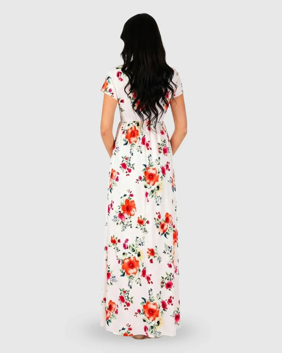 White floral V-neck short sleeve maternity maxi dress with red and orange flowers.