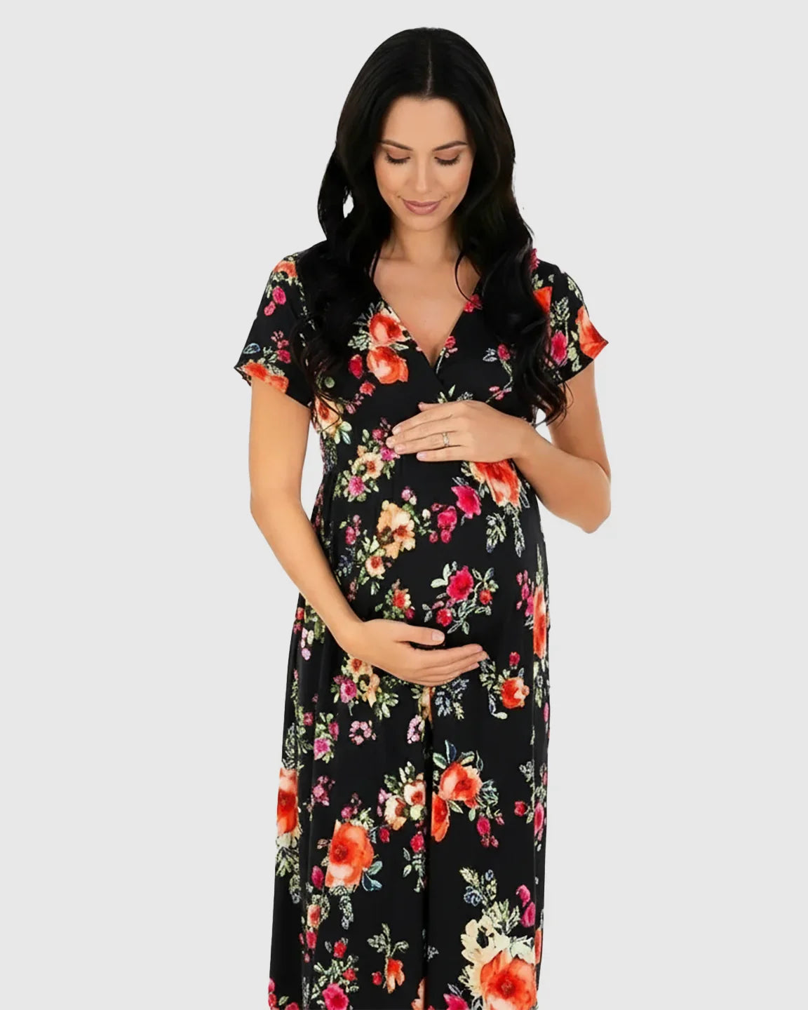 Black floral V-neck short sleeve maternity maxi dress, cotton-blend, comfortable fit.