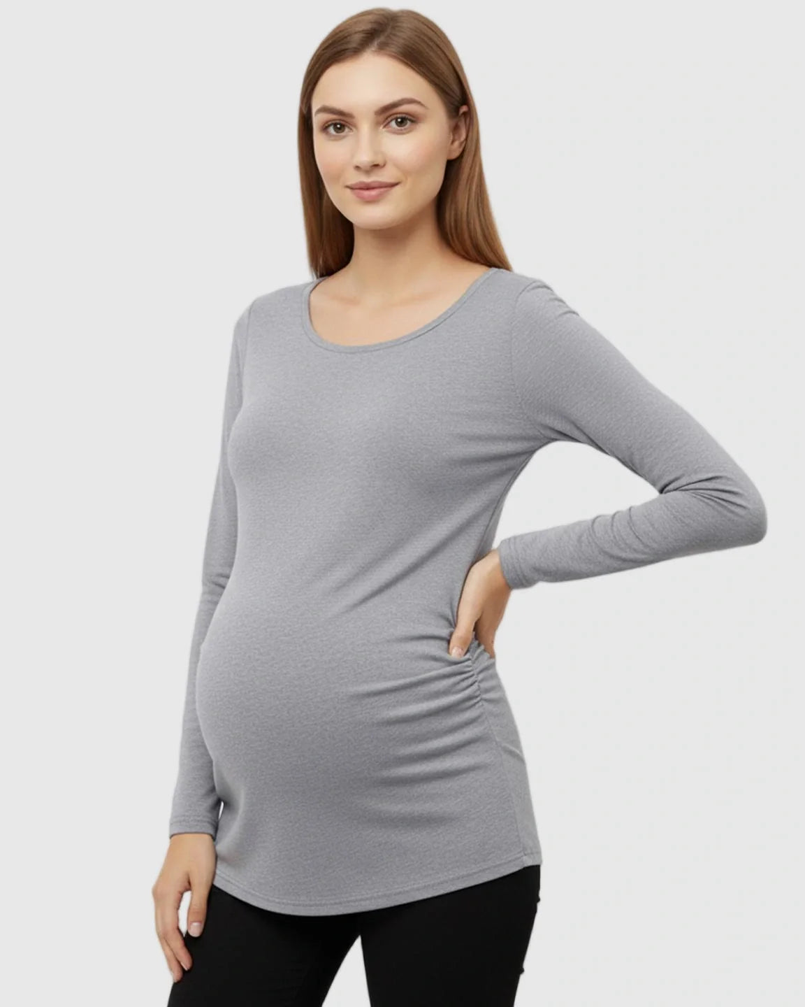 Bump Society – The Comfort Collection: Side Ruched Slim Fit Long Sleeve Maternity Top