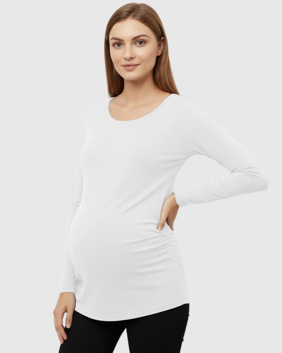 Bump Society – The Comfort Collection: Side Ruched Slim Fit Long Sleeve Maternity Top
