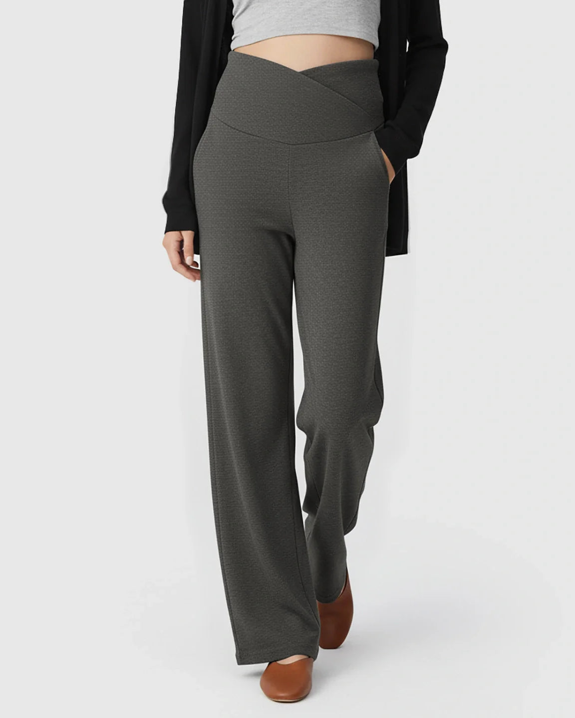 Gray wide-leg maternity lounge pants with a crossover waist and deep side pockets.