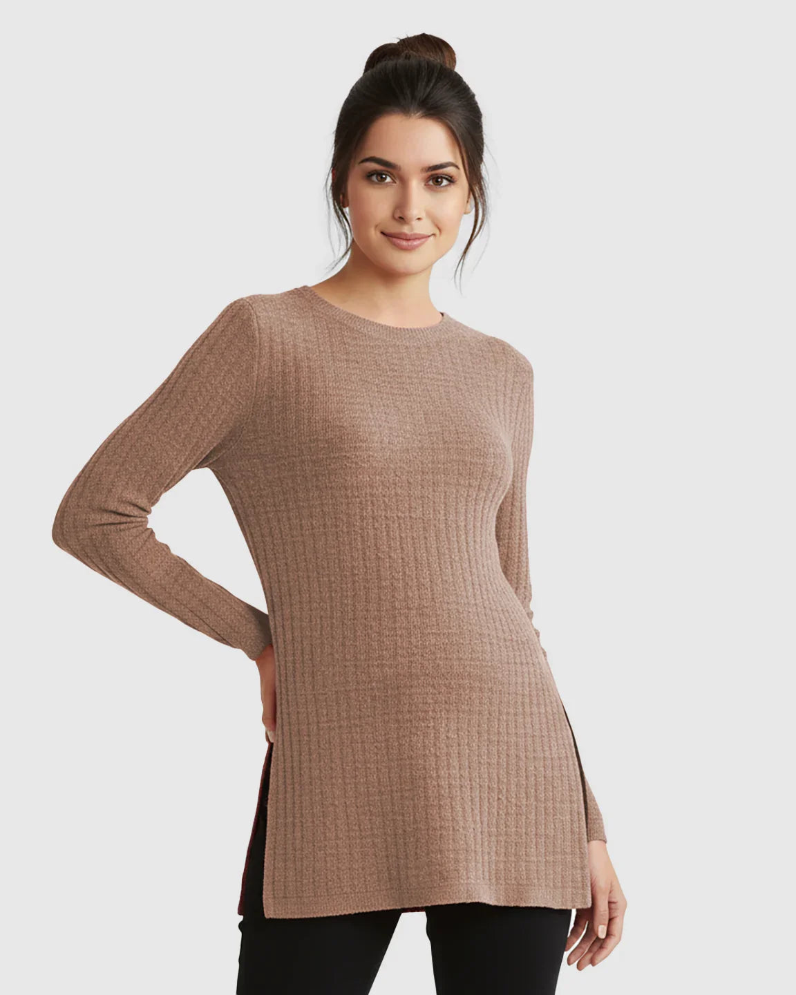 Bump Society – The Comfort Collection: Ribbed Knit Side-Slit Long Sleeve Maternity Top