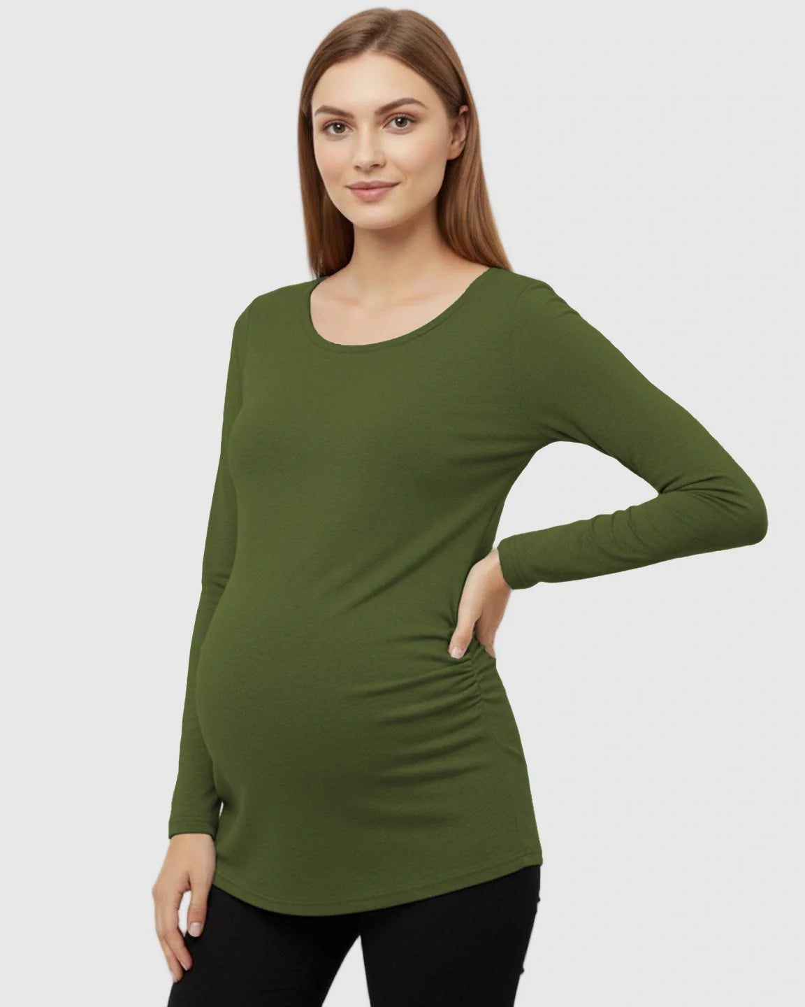 Bump Society – The Comfort Collection: Side Ruched Slim Fit Long Sleeve Maternity Top