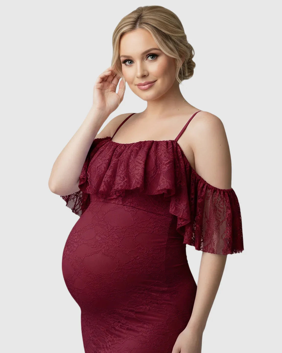 Bump Society – The Comfort Collection: Off-Shoulder Lace Mermaid Maternity Gown