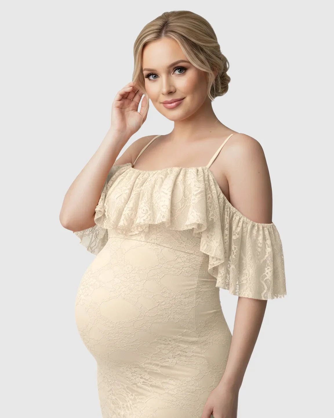 Bump Society – The Comfort Collection: Off-Shoulder Lace Mermaid Maternity Gown