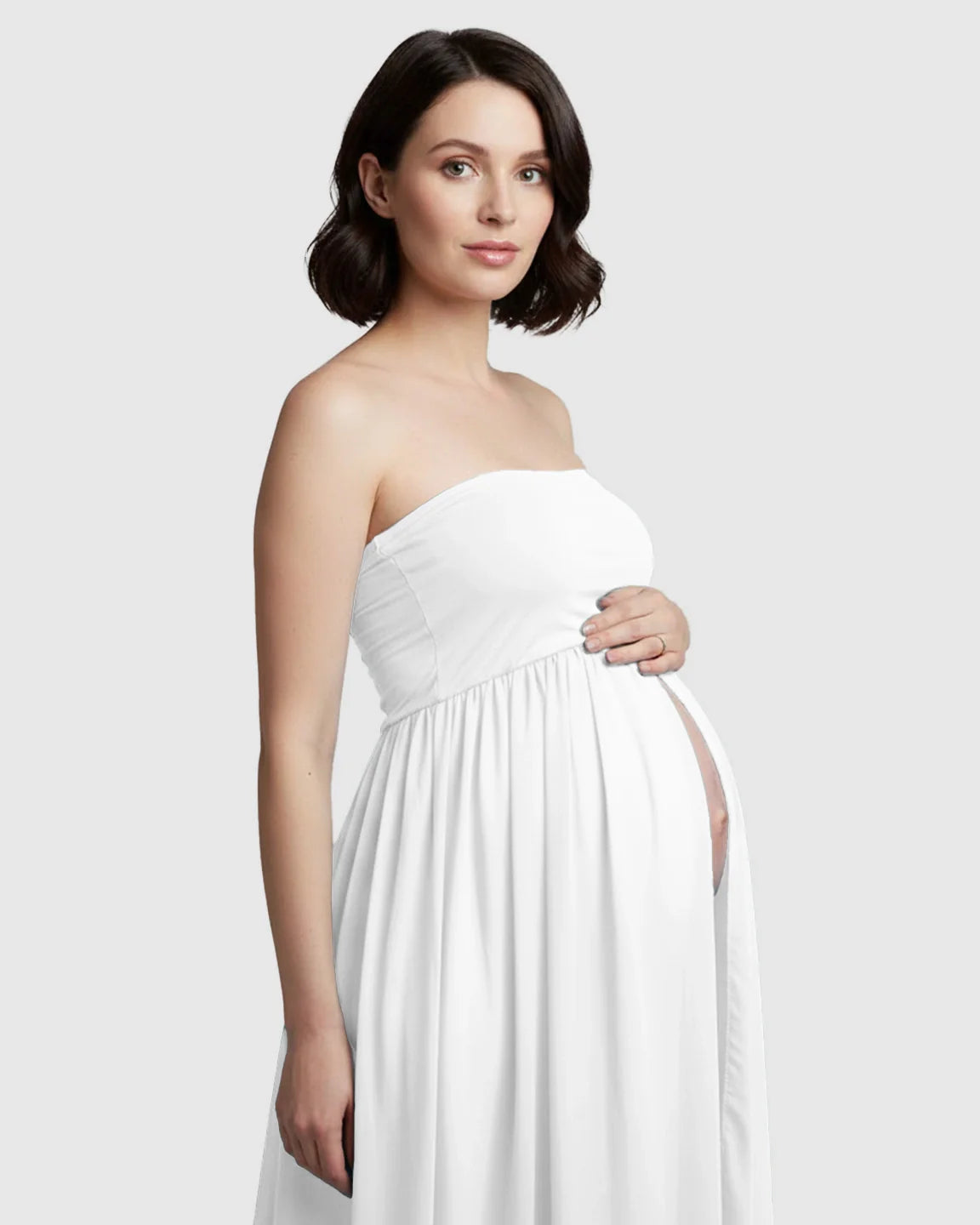 Bump Society – The Comfort Collection: Strapless Ruched Front Slit Maternity Photoshoot Dress