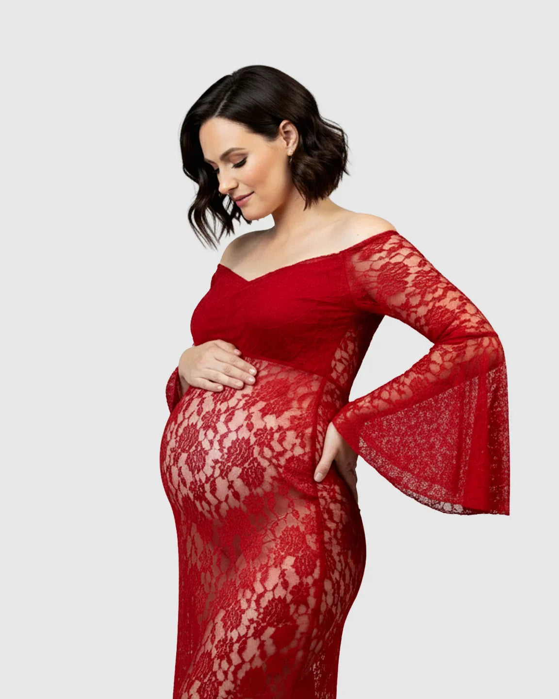 Bump Society – The Comfort Collection: Bell Lace Sleeve Trailing Maternity Gown