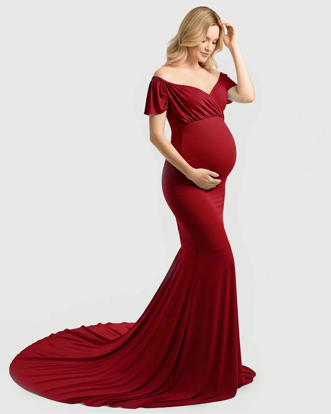 Bump Society – The Comfort Collection: Off-Shoulder Fitted Mermaid Style Maternity Photoshoot Gown