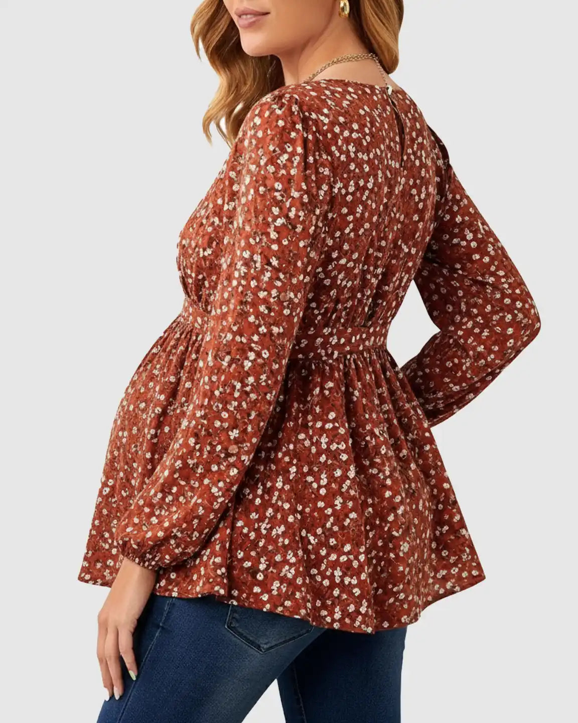 Bump Society – The Comfort Collection: Elegant Red Floral Ruffle Maternity Shirt