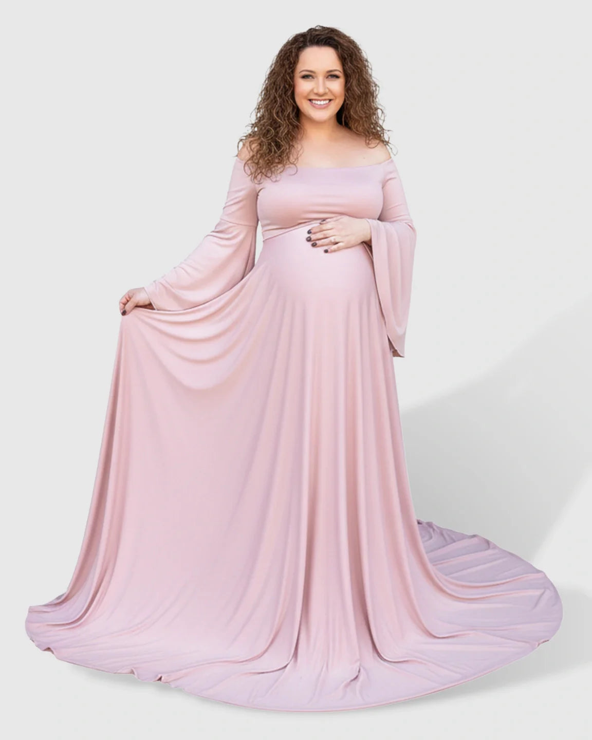 Bump Society – The Comfort Collection: Off-Shoulder Bell Sleeve Boho Maternity Photoshoot Maxi Dress