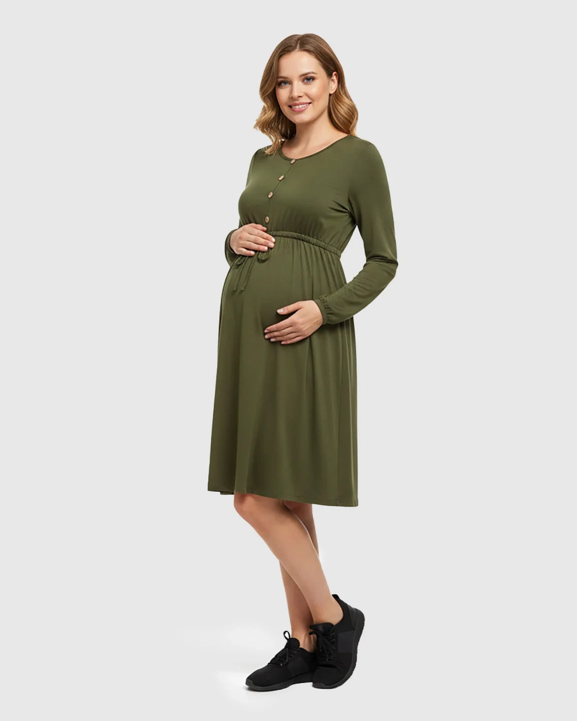 Bump Society – The Comfort Collection: Button-Front Drawstring Waist Maternity Dress