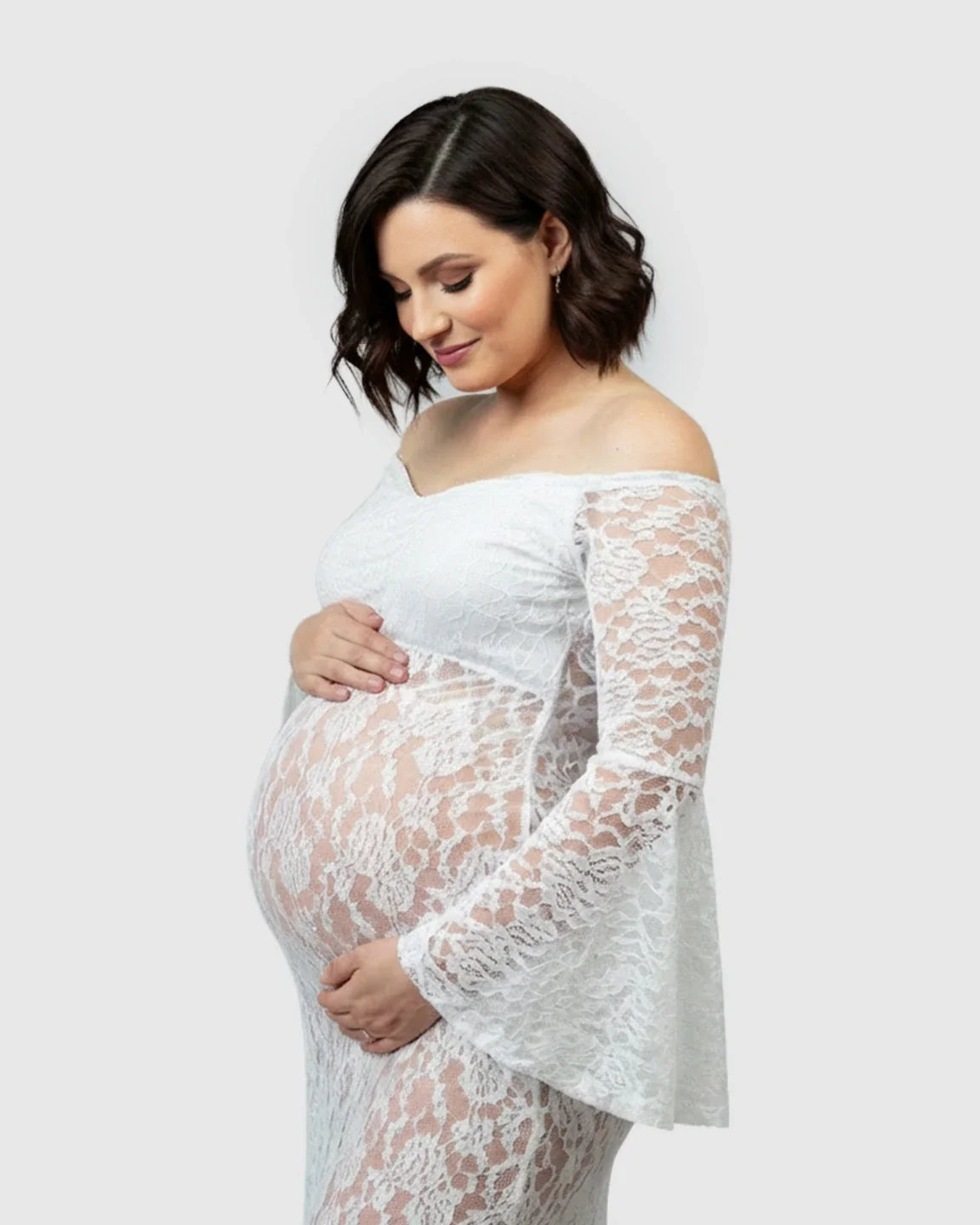 Bump Society – The Comfort Collection: Bell Lace Sleeve Trailing Maternity Gown