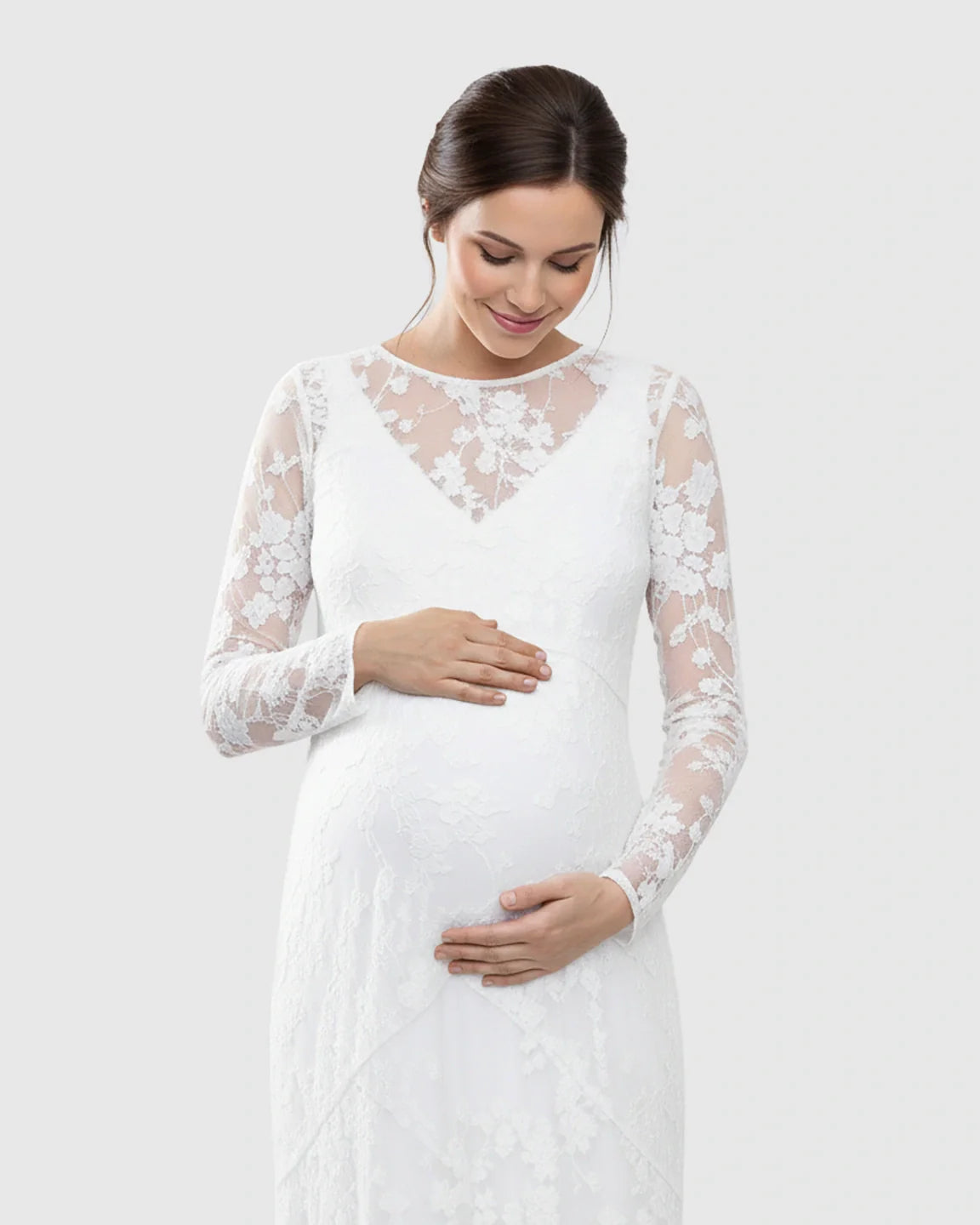 Bump Society – The Comfort Collection: Detachable Mesh Lace V-Neck Maternity Wedding Dress